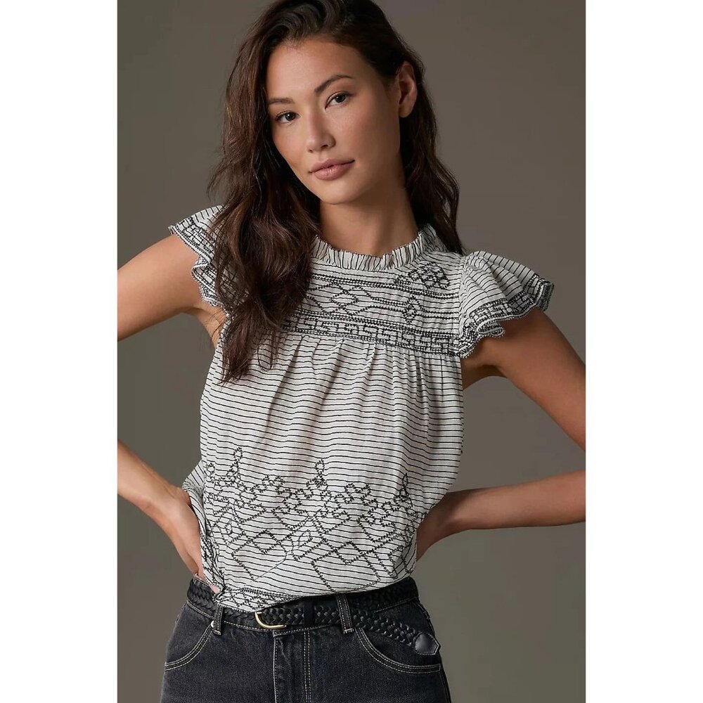 By Anthropologie Flutter-Sleeve Embroidered Babydoll Top XS